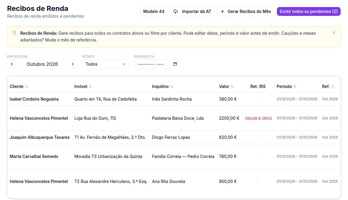 Ecrã Recibos de Renda de outubro com cinco recibos, um deles com retenção de IRS de 25%, e o botão Emitir todos os pendentes