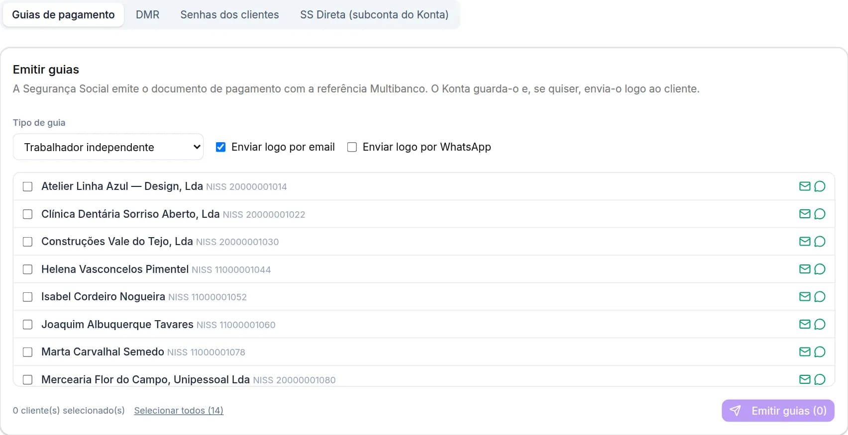 Emissão de guias de pagamento da Segurança Social em lote