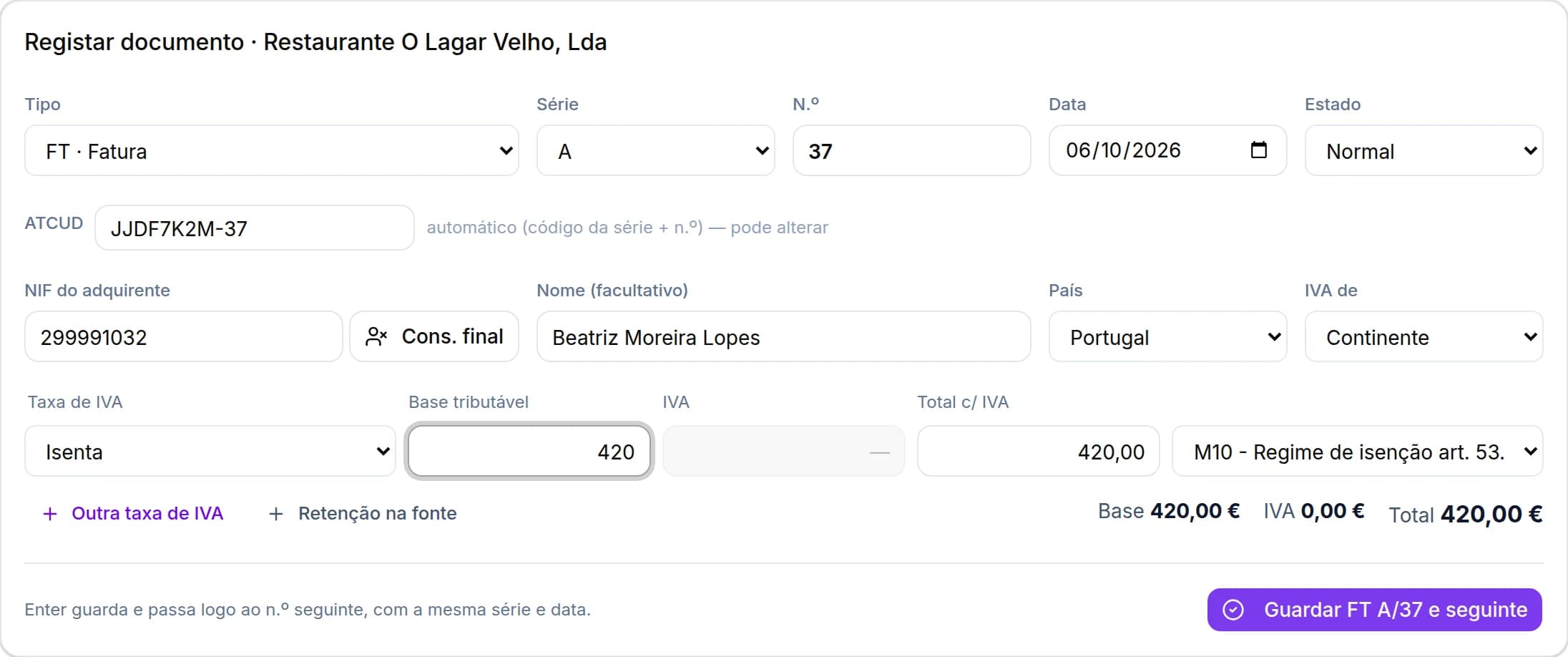 Ecrã do Konta para comunicar faturas manuais ao e-Fatura