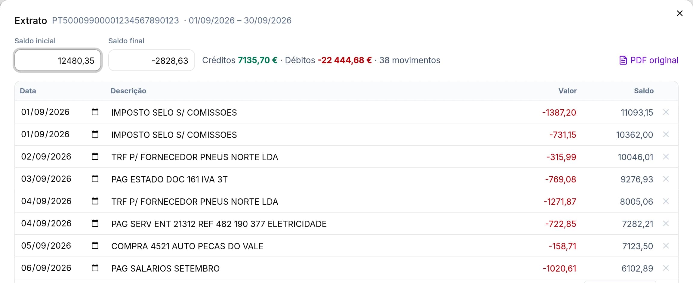 Extrato bancário lido pelo Konta
